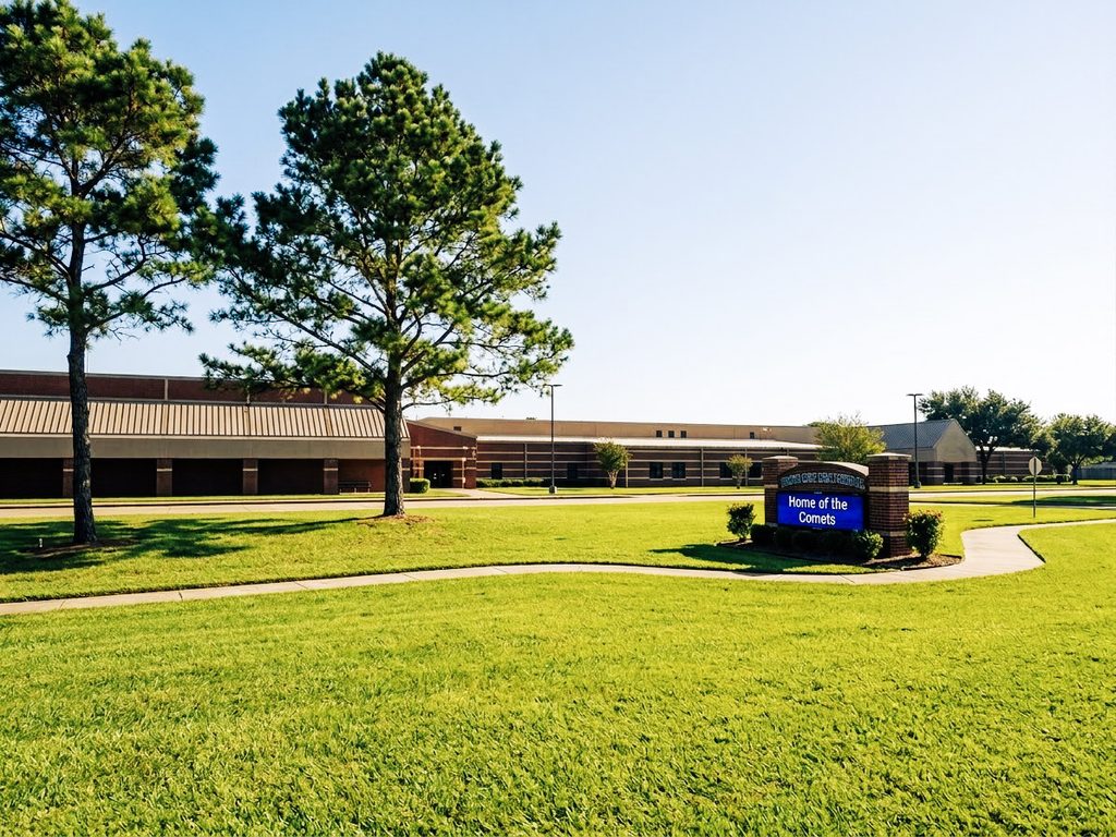 Exterior of Creech Elementary School in Katy ISD, showing the campus, front lawn and school sign. The Houston Relo Guide